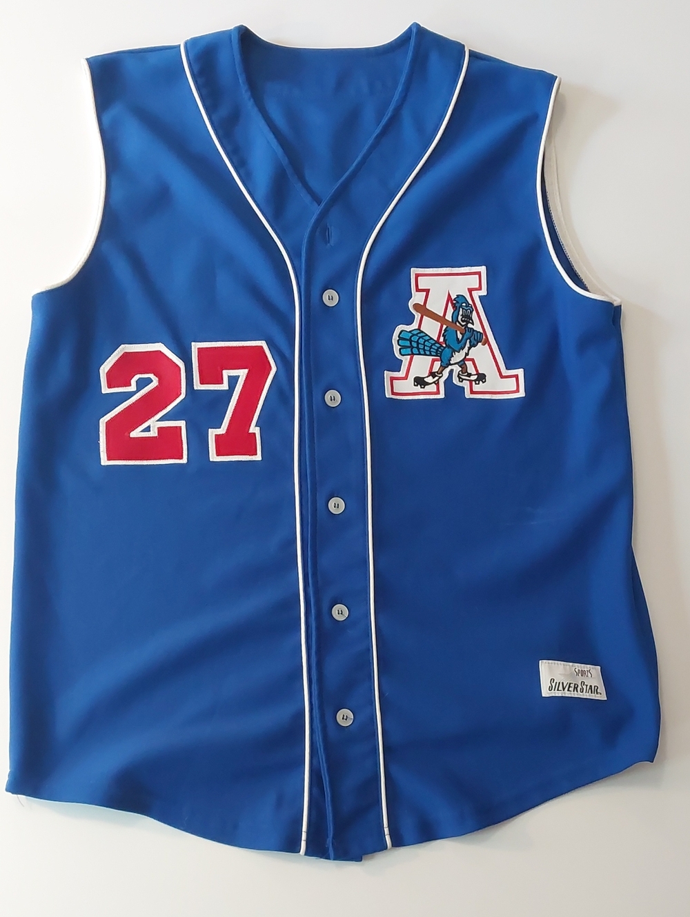 Vintage Style Royal Blue Baseball Jersey Vest #27 Bird Logo-sz M- Made In Canada